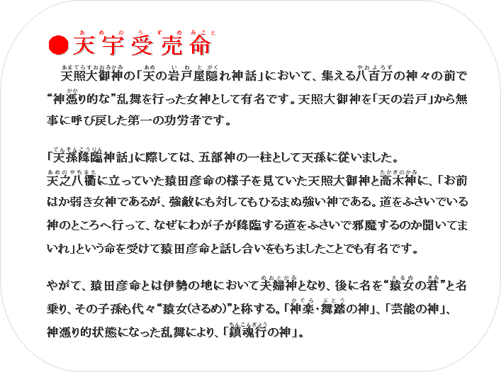 ���V�F��(���߂̂�����)��(�݂���)
�@�V�Ƒ��_(���܂Ă炷�����݂���)�́u�V(����)�̊�ˉ�(�����)�B(����)��_�b�v�ɂ����āA�W���锪�S��(�₨��낸)�̐_�X�̑O�Łg�_��(����)��I�ȁh�������s�������_�Ƃ��ėL���ł��B�V�Ƒ��_���u�V�̊�ˁv���疳���ɌĂі߂������̌��J�҂ł��B

�u�V���~��(�Ă񂻂񂱂����)�_�b�v�ɍۂ��ẮA�ܕ��_�̈ꒌ�Ƃ��ēV���ɏ]���܂����B
�V�V����(���߂̂₿�܂�)�ɗ����Ă������c�F���̗l�q�����Ă����V�Ƒ��_�ƍ��ؐ_(�������̂���)�ɁA�u���O�͂��カ���_�ł��邪�A���G�ɂ��΂��Ă��Ђ�܂ʋ����_�ł���B�����ӂ����ł���_�̂Ƃ���֍s���āA�Ȃ��ɂ킪�q���~�Ղ��铹���ӂ����Ŏז�����̂������Ă܂���v�Ƃ��������󂯂ĉ��c�F���Ƙb�������������܂������Ƃł��L���ł��B

�₪�āA���c�F���Ƃ͈ɐ��̒n�ɂ����ĕv�w�_(�߂��Ƃ���)�ƂȂ�A��ɖ����g����(�����)�̌N(����)�h�Ɩ����A���̎q������X�g����(�����)�h�Ə̂���B�u�_�y(������)�E����(�ԂƂ�)�̐_�v�A�u�|�\�̐_�v�A
�_�߂�I��ԂɂȂ��������ɂ��A�u�����s(���񂱂񂬂傤)�̐_�v�B
