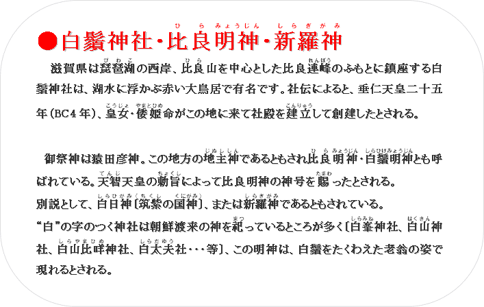 ����颐_�ЁE���(�Ђ�)���_(�݂傤����)�E�V���_(���炬����)
�@���ꌧ�͔��i��(�т킱)�̐��݁A���(�Ђ�)�R�𒆐S�Ƃ�����ǘA��(���ۂ�)�̂ӂ��Ƃɒ������锒颐_�Ђ́A�ΐ��ɕ����ԐԂ��咹���ŗL���ł��B�Г`�ɂ��ƁA���m�V�c��\�ܔN�iBC4�N�j�A�c��(��������)�E�`�P(��܂ƂЂ�)�������̒n�ɗ��ĎГa������(�����イ)���đn�������Ƃ����B

�@��Ր_�͉��c�F�_�B���̒n���̒n��_(���ʂ�����)�ł���Ƃ�������(�Ђ�)���_(�݂傤����)�E��颖��_(����Ђ��݂傤����)�Ƃ��Ă΂�Ă���B�V�q(�Ă�)�V�c�̒��|(���傭��)�ɂ���Ĕ�ǖ��_�̐_������(���܂�)�����Ƃ����B
�ʐ��Ƃ��āA�����_(����Ђ���)�k(�i)�}��(������)�̍��_(���ɂ���)�l(�j)�A�܂��͐V���_(���炬����)�ł���Ƃ�����Ă���B
�g���h�̎��̂��_�Ђ͒��N�n���̐_���J(�܂�)���Ă���Ƃ��낪�����k����(����݂�)�_�ЁA���R(�͂�����)�_�ЁA���R����(�����܂Ђ�)�_�ЁA�����v(���炾�䂤)�ЁE�E�E���l�A���̖��_�́A��颂������킦���V���̎p�Ō����Ƃ����B
